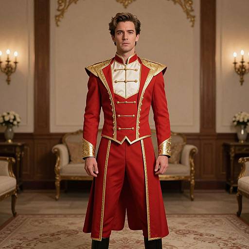 Photograph of a young man with short brown hair, wearing a red and gold military-style jacket and pants, standing in an elegant, ornately decorated