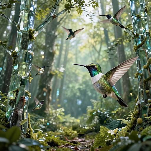 Photograph of iridescent hummingbirds with green and blue feathers flitting around a forest clearing adorned with crystal wind chimes and moss-covered trees.