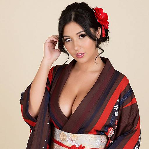 Photograph of an Asian woman with black hair in a red flowered updo, wearing a low-cut black and red striped kimono with white floral