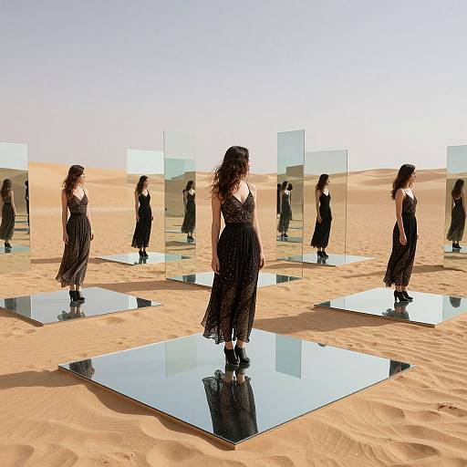 Photograph of a woman with long brown hair in a black dress, standing on reflective glass panels in a desert, with multiple mirrored reflections of herself in