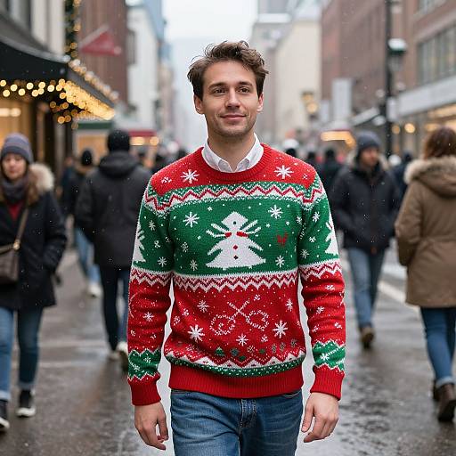 Photograph of a smiling man with curly brown hair wearing a festive red and green Christmas sweater, standing in a snowy urban street with blurred pedestrians and twink
