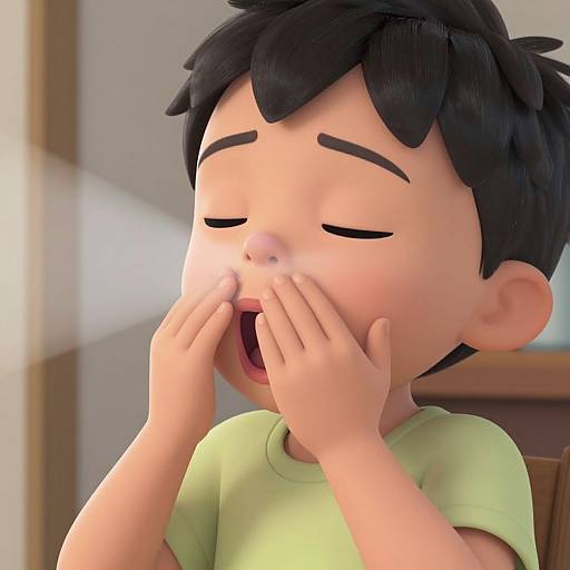 CGI image of a cute, cartoon-style boy with black hair, green shirt, eyes closed, and hands covering his mouth in a surprised, open
