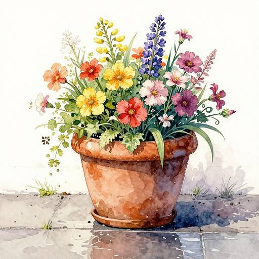 Watercolor painting of a terracotta pot filled with vibrant yellow, red, pink, purple, and blue flowers, placed on a tiled surface.