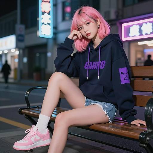 Young woman with pink hair sitting on urban bench at night