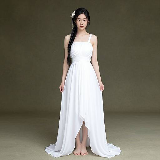 Photograph of a young Asian woman with long black hair in a braid, wearing a white, sleeveless, flowing gown, barefoot, against