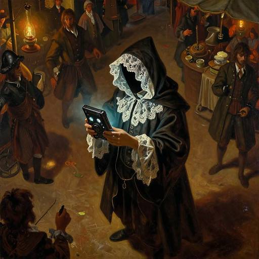 Oil painting of a hooded woman in white lace, reading a smartphone in a dimly lit, medieval-style tavern with lanterns and people.