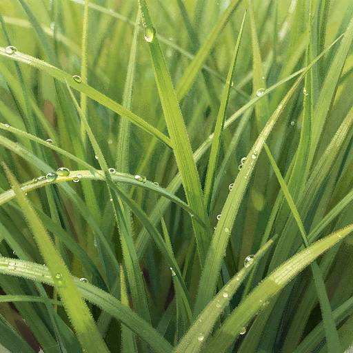Close-up photograph of vibrant green grass blades with dew drops, sunlight highlighting their texture, creating a fresh, morning atmosphere.