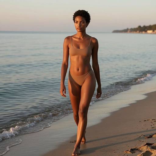 Photograph of a fit, dark-skinned woman with short curly hair walking on a beach at sunset, wearing a tan bikini, with gentle waves and
