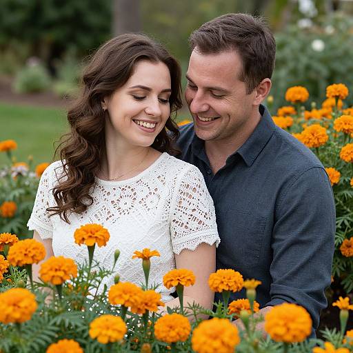 Photograph of a smiling couple, woman in white lace dress, man in dark shirt, surrounded by vibrant orange marigolds in a garden.