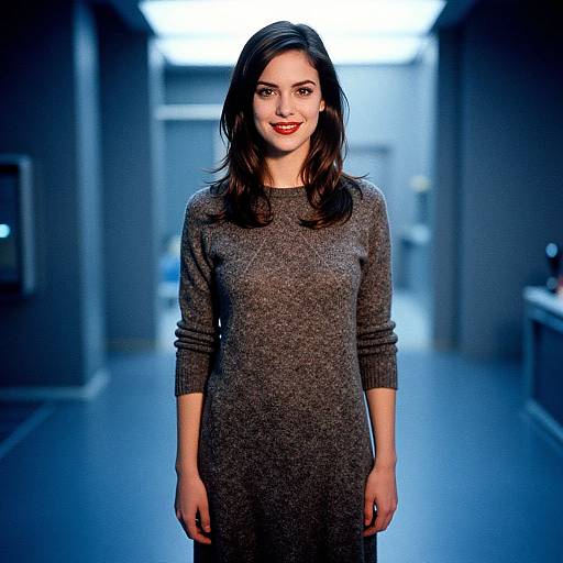 Photograph of a smiling woman with fair skin and dark brown hair, wearing a gray knit dress, standing in a blue-lit, blurred hallway.