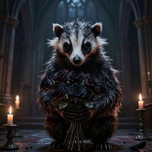 Digital artwork of a fierce, anthropomorphic badger holding a dark, rose-filled bouquet in a gothic cathedral with candles lit.