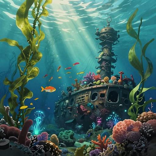 Vibrant underwater scene: sunlit shipwreck adorned with colorful corals and seaweed, surrounded by orange and yellow fish, illuminated by blue