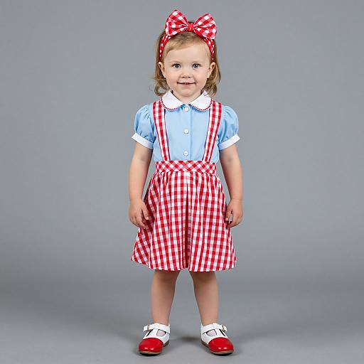 Photograph of a smiling toddler girl wearing a red and white checkered bow, blue shirt, red checkered pinafore, white socks, and