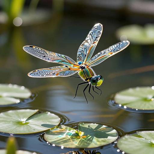 Photograph of a colorful dragonfly with intricate, iridescent wings hovering above lily pads on a calm, reflective pond.