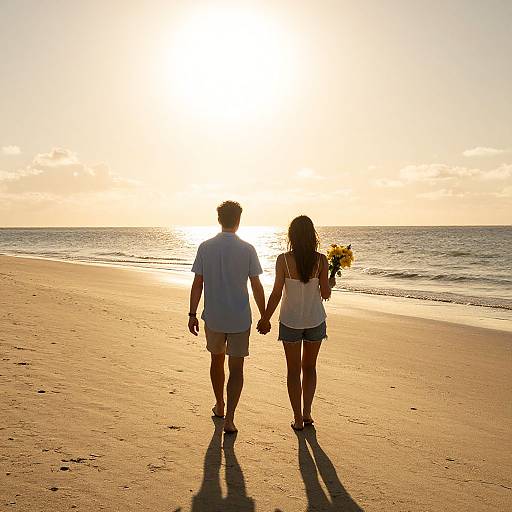 Photograph of a man and woman holding hands, walking on a sunlit beach at sunset, with the woman holding a sunflower.