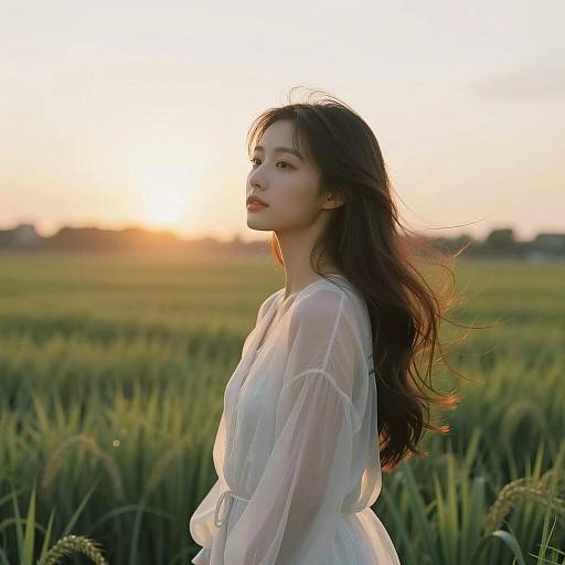 Woman in White Dress at Sunset Field