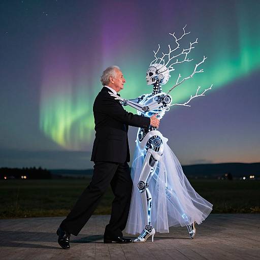 Photograph of an elderly man in a black suit dancing with a glowing, robotic woman under vibrant Northern Lights.