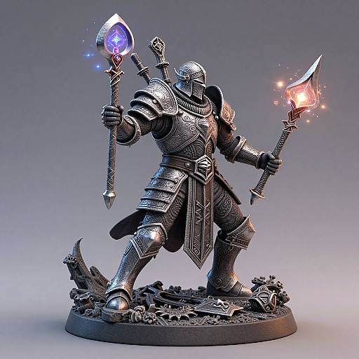 Photograph of a detailed, silver-colored fantasy warrior statue holding a blue-glowing staff and a red-glowing torch, standing on a skull