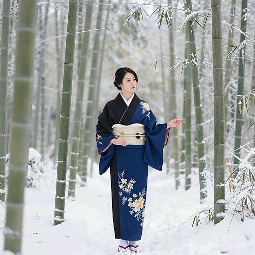 Photograph of an Asian woman in a navy floral kimono, standing in a snowy bamboo forest, looking to the side.