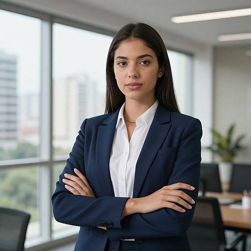 Photograph of a confident young woman with long black hair, medium skin tone, wearing a navy blazer and white shirt, standing with arms crossed in