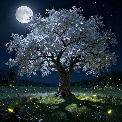 Digital artwork of a glowing white tree under a full moon, surrounded by glowing fireflies in a dark, starry night sky.