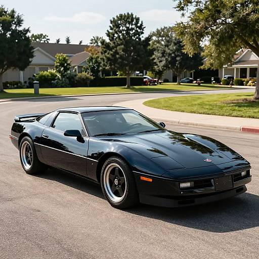 Photograph of a sleek, black, 90s-style sports car with white rims, parked on a suburban street with green lawns and trees.