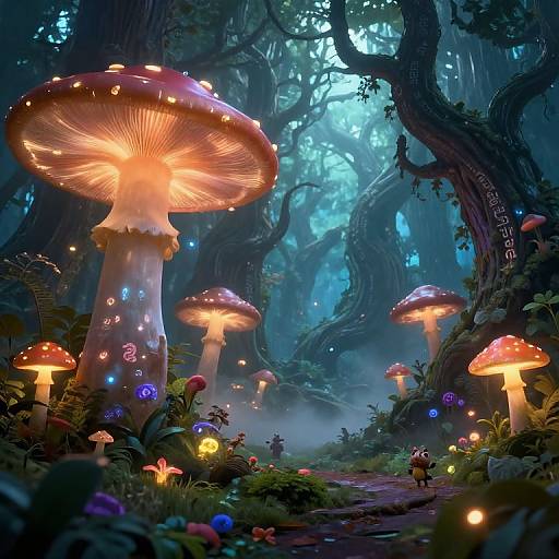 Enchanting forest scene with glowing, bioluminescent mushrooms, fairy lights, and tiny illuminated creatures in a mystical, misty woodland at dusk
