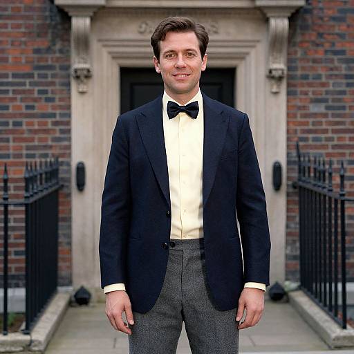 Photograph of a smiling, Caucasian man with short brown hair, wearing a black tuxedo, white shirt, black bow tie, and gray trousers