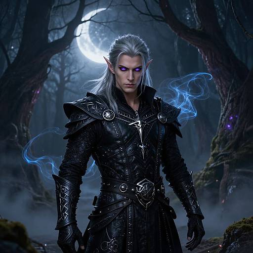 Digital fantasy artwork of a silver-haired elf with pointed ears, wearing black, ornate armor, standing in a moonlit, misty forest, with