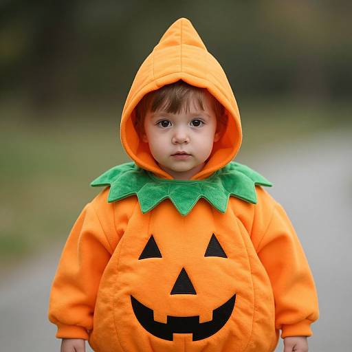 Photograph of a young child with fair skin and brown hair, wearing an orange pumpkin-themed hoodie with green leaf collar and black carved pumpkin face, standing