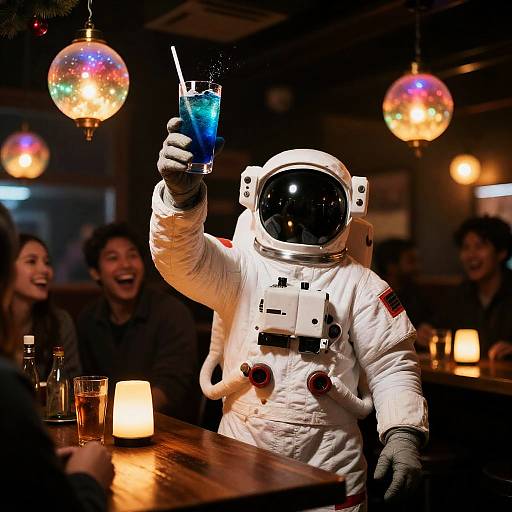 Astronaut Raising a Blue Cocktail in Festive Pub