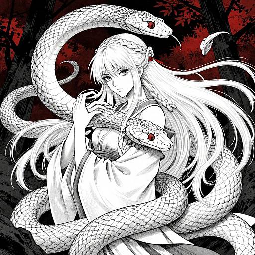Black-and-white anime-style drawing of a long-haired woman with snake-like arm and hair entwined by large, red-eyed snakes. Dark, blood