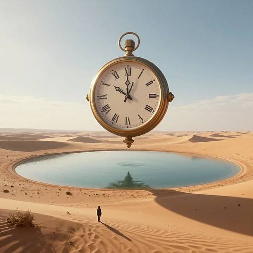 Photograph of a giant antique pocket watch floating above a desert oasis, with a tiny figure standing beside a blue pool.