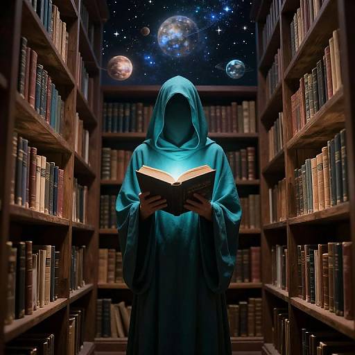 Mysterious figure in blue hooded robe reads book in dimly lit library, surrounded by bookshelves, with a starry night sky and planets