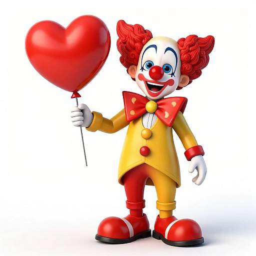 3D CGI cartoon clown with red hair, yellow suit, red bowtie, holding red heart balloon, smiling, white background.