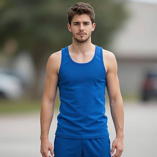 Photograph of a handsome, young, Caucasian man with short brown hair, light stubble, wearing a bright blue tank top and matching shorts, standing