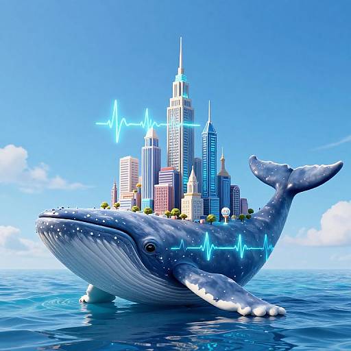 Digital artwork of a blue whale with skyscrapers on its back, floating on ocean water, under a bright blue sky with heart-rate line effects.