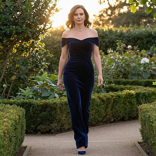 Photograph of a woman with shoulder-length brown hair, wearing an off-shoulder navy velvet dress, walking on a garden path at sunset, surrounded