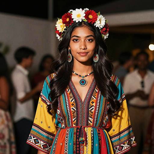 Young Woman in Bohemian Attire with Flower Crown