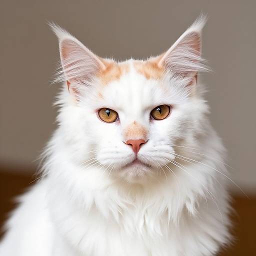 Photograph of a long-haired white cat with orange patches on its ears, nose, and forehead, and amber eyes, set against a blurred beige background