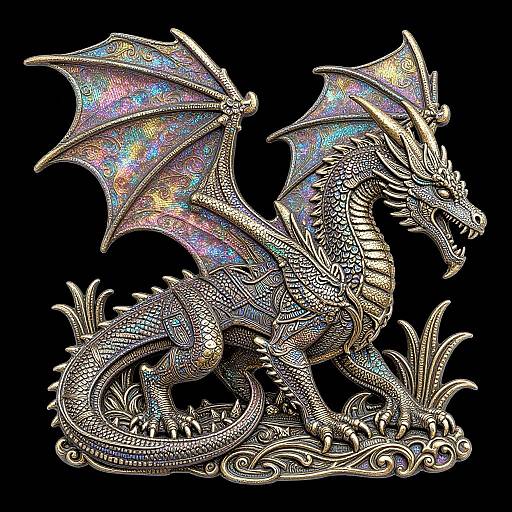 Illuminated digital dragon illustration with intricate, shimmering patterns on wings and body, set against a solid black background.