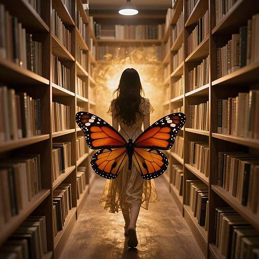 Photograph of a girl with long brown hair, wearing a yellow dress, and large orange and black butterfly wings, walking down a narrow library aisle with