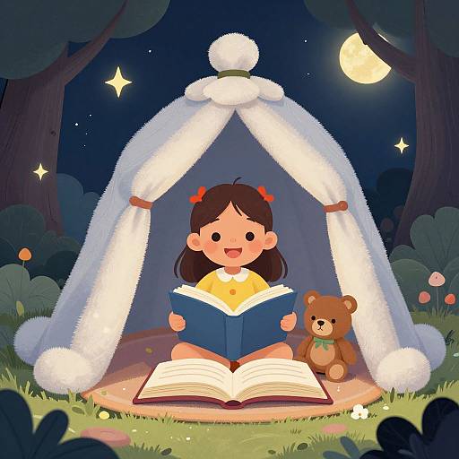 Digital illustration of a cute girl with red hair, reading a book under a white, fluffy tent at night, with a teddy bear beside her,