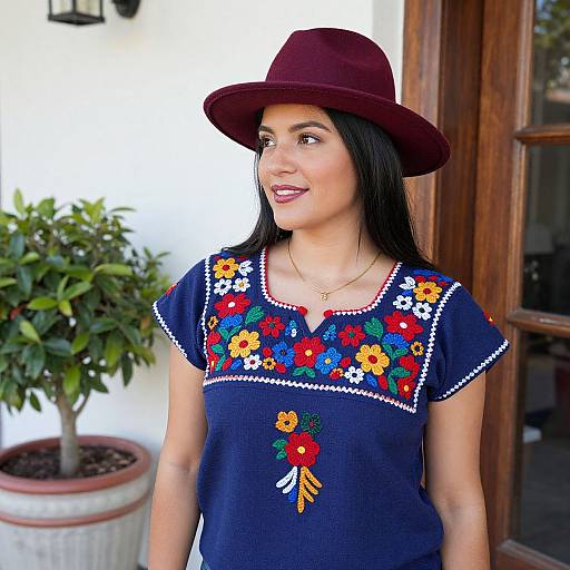 Photograph of a smiling Latina woman with long black hair, wearing a maroon hat and blue embroidered blouse, standing outside near a potted plant and