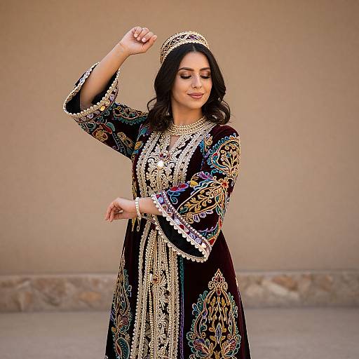 Photograph of a beautiful Middle Eastern woman with dark hair, wearing an ornate black velvet dress with gold and blue embroidery, adjusting a jeweled head