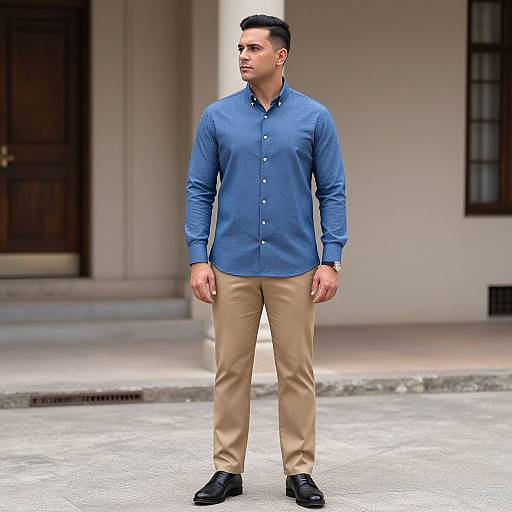 Photograph of a handsome, muscular man with short black hair, wearing a blue button-up shirt, beige pants, and black shoes, standing confidently on