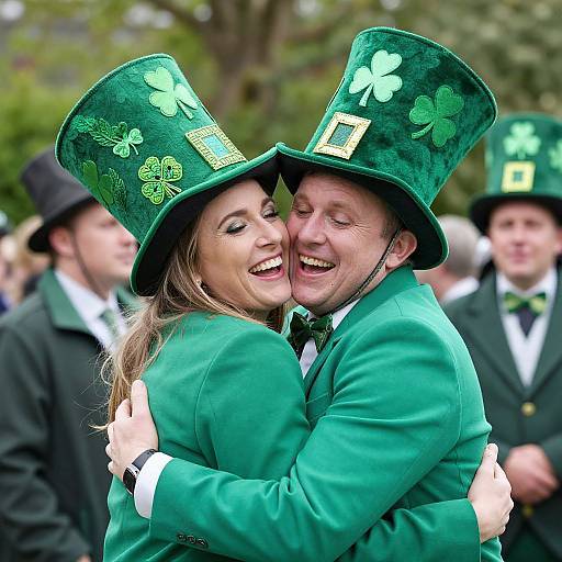 Photograph of a smiling couple in green St. Patrick's Day outfits, including tall top hats with shamrocks, embracing outdoors with blurred background of
