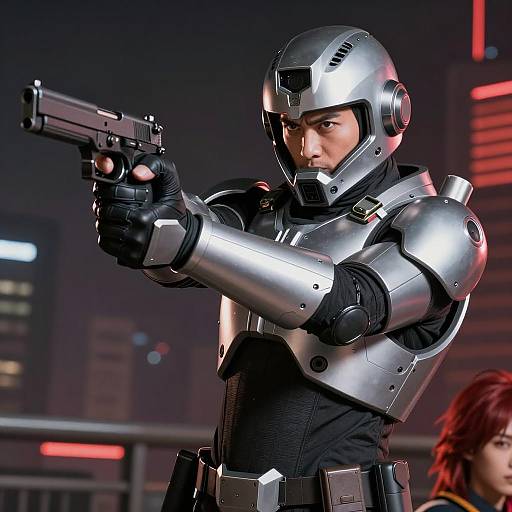 Futuristic Armored Man in Dark Cityscape