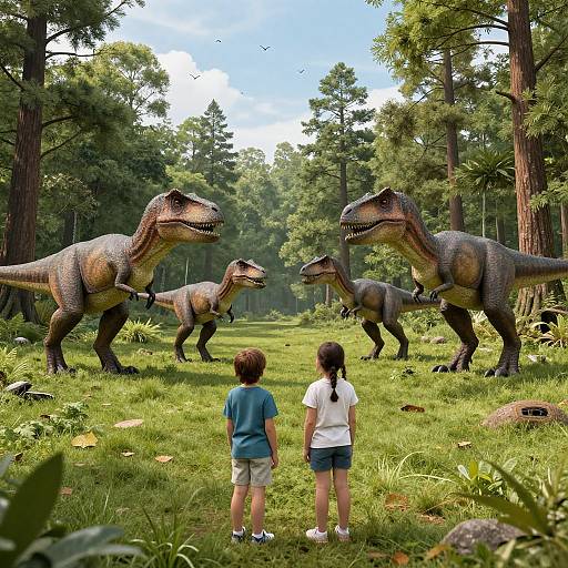 Photorealistic CGI of two children in a forest, facing four realistic, large dinosaurs with detailed textures and vibrant greens.