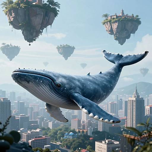 Digital artwork: Giant blue whale with white speckles soaring above a futuristic cityscape with floating islands and lush greenery.